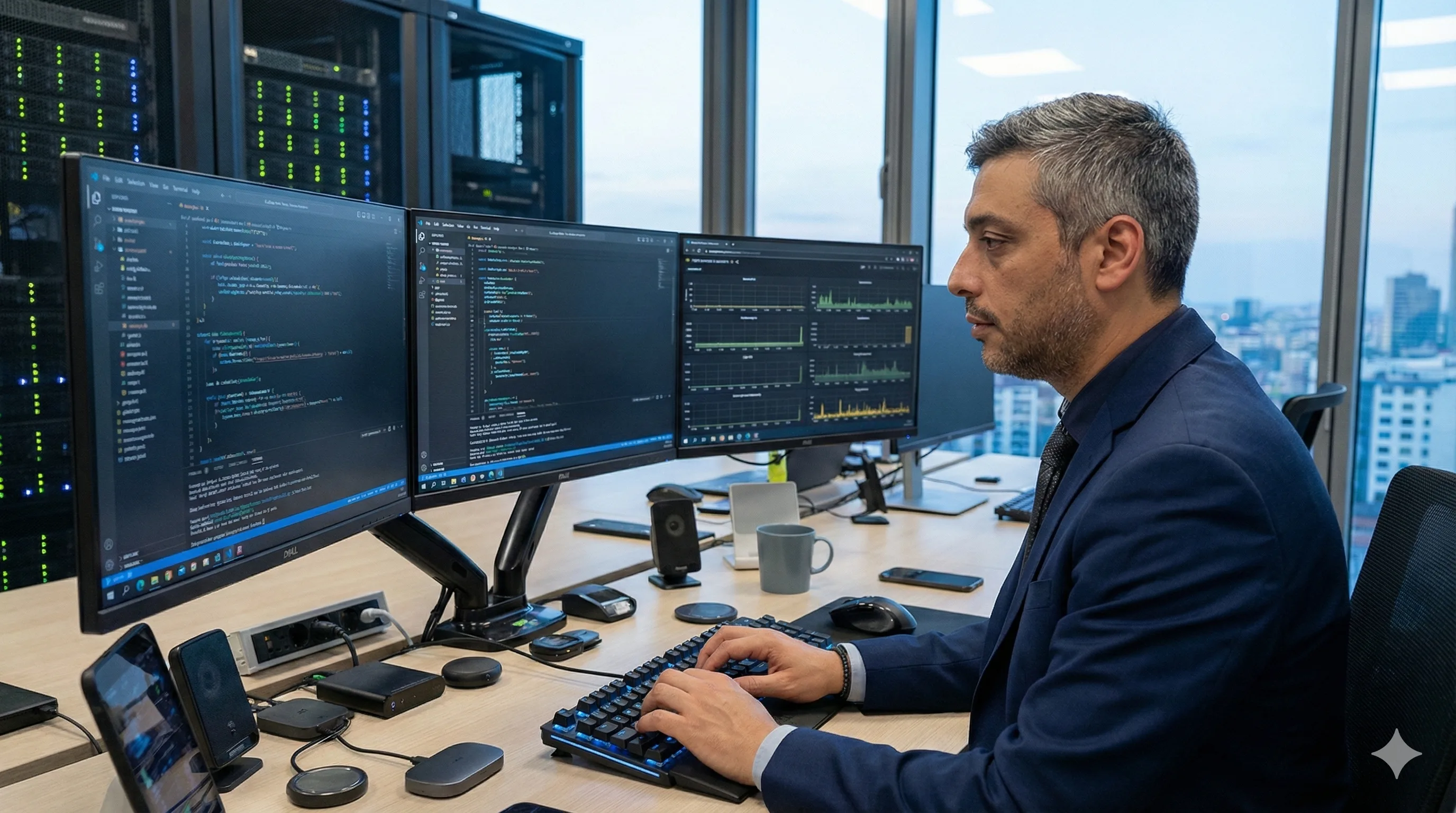 Miguel working at a multi-monitor setup