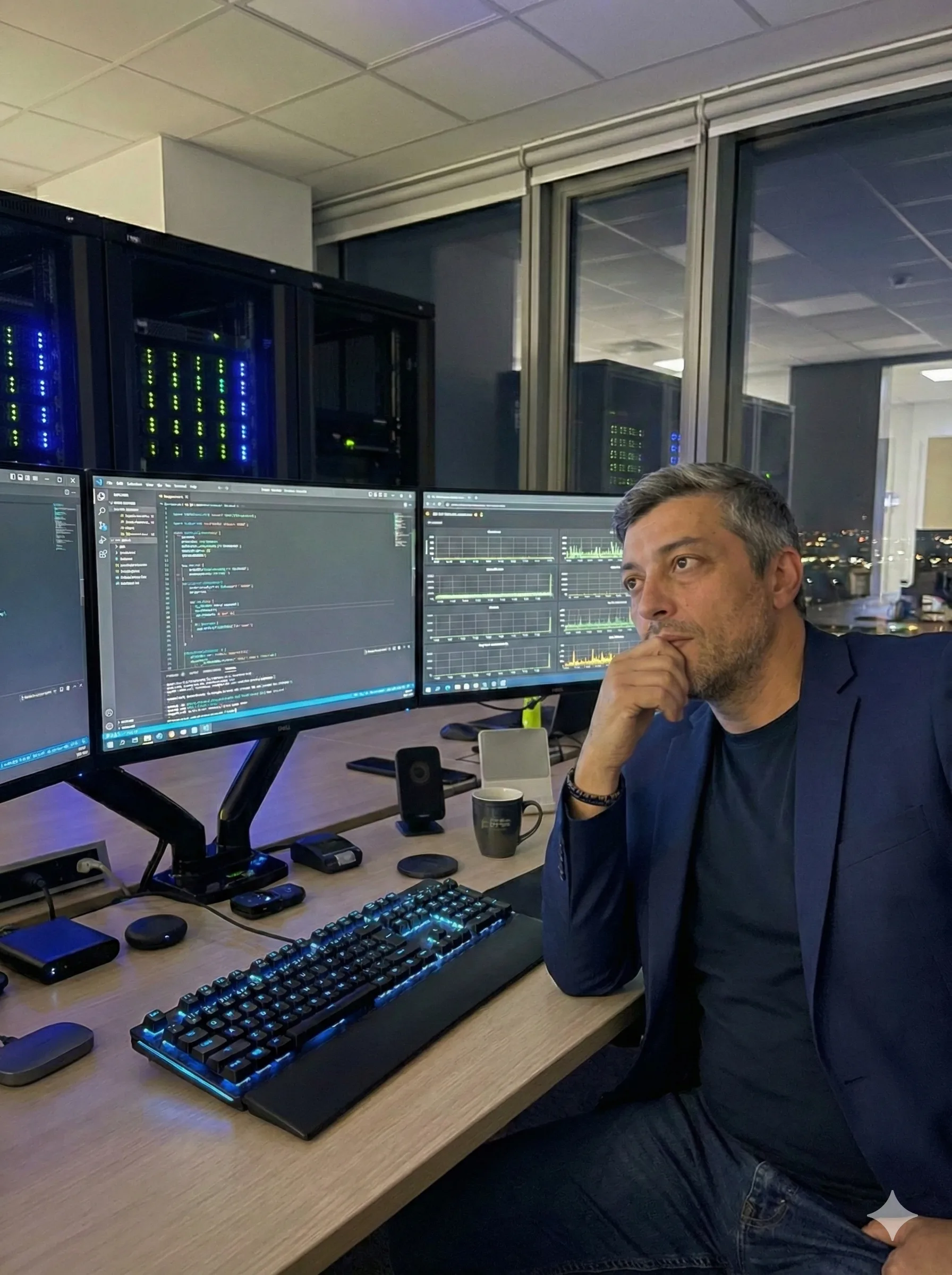 Miguel reflecting at the workstation